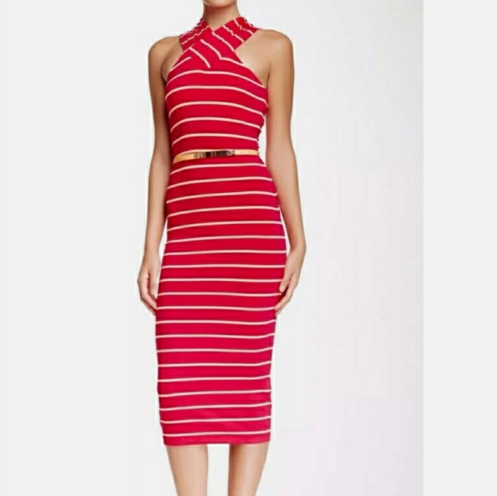 Ted Baker Canna Women Dress Cross Over Neck Pink Striped NO Belt Size 3